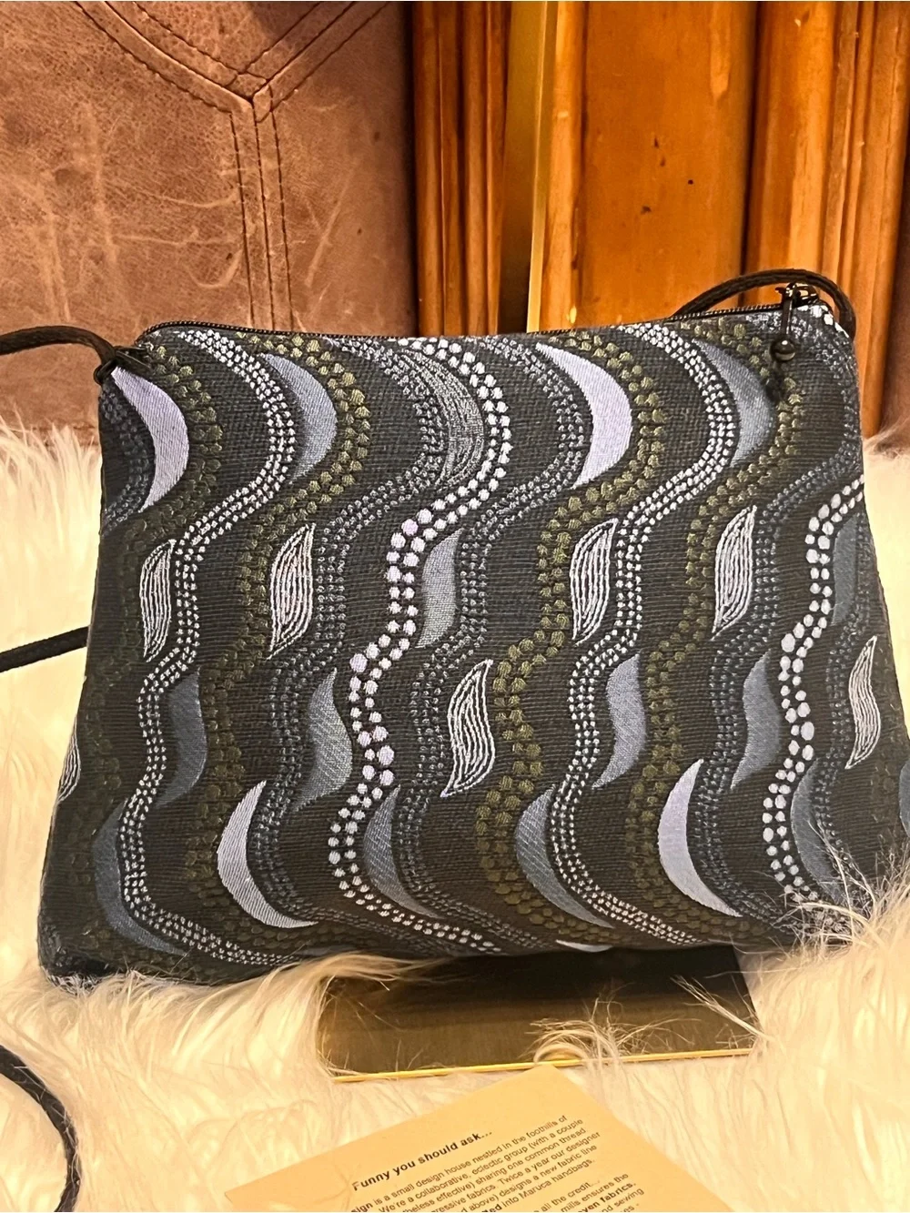 Maruca Sparrow Lunar Blue black and Gray Wave Print crossbody bag.